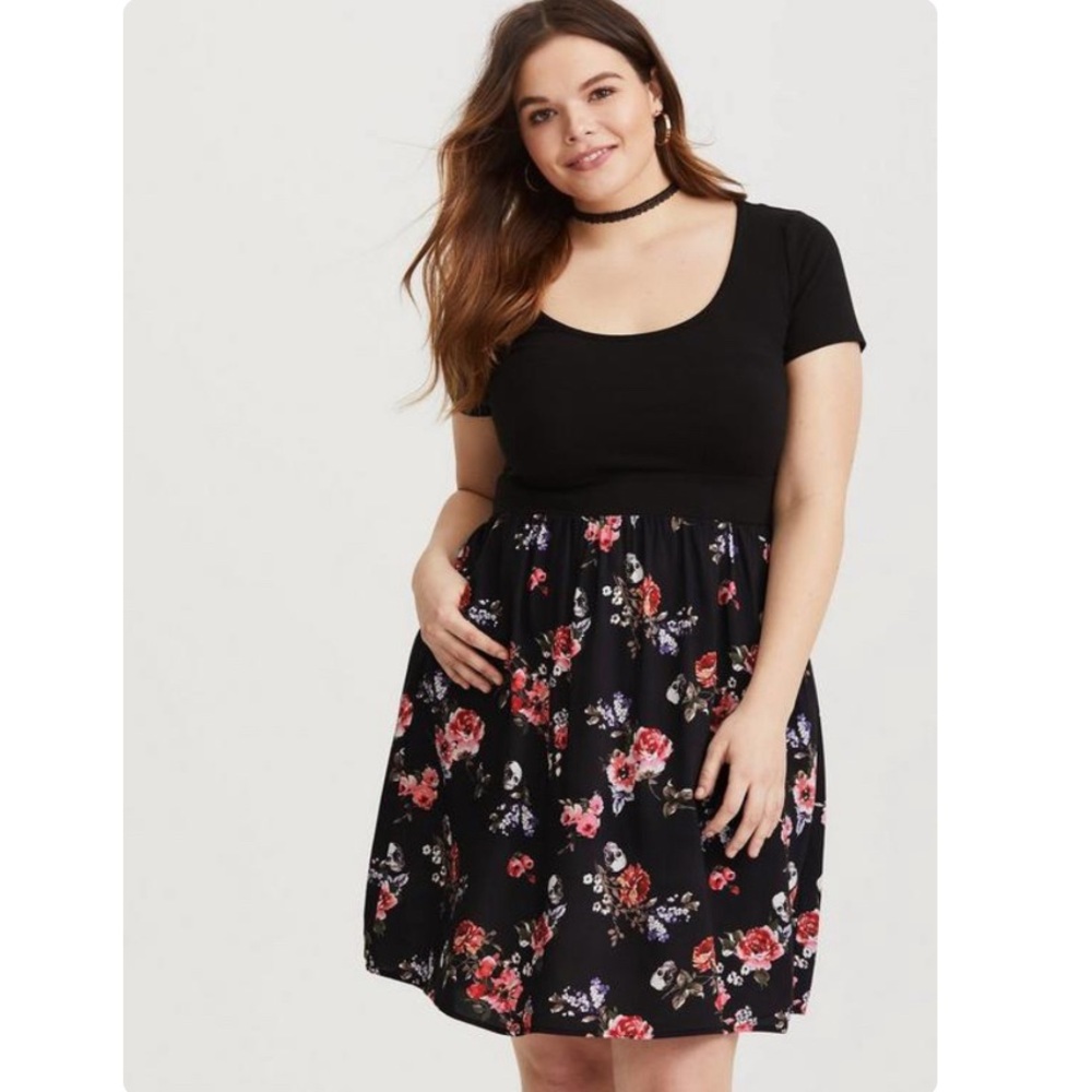 Torrid Mini Challis And Knit Skater Dress black floral and skull size 1
